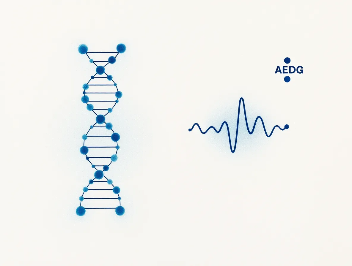 A navy chromosome pair with cobalt-highlighted telomere caps beside a short four-bead AEDG peptide chain and a small pineal glyph emitting a circadian wave, on cool frost-white paper